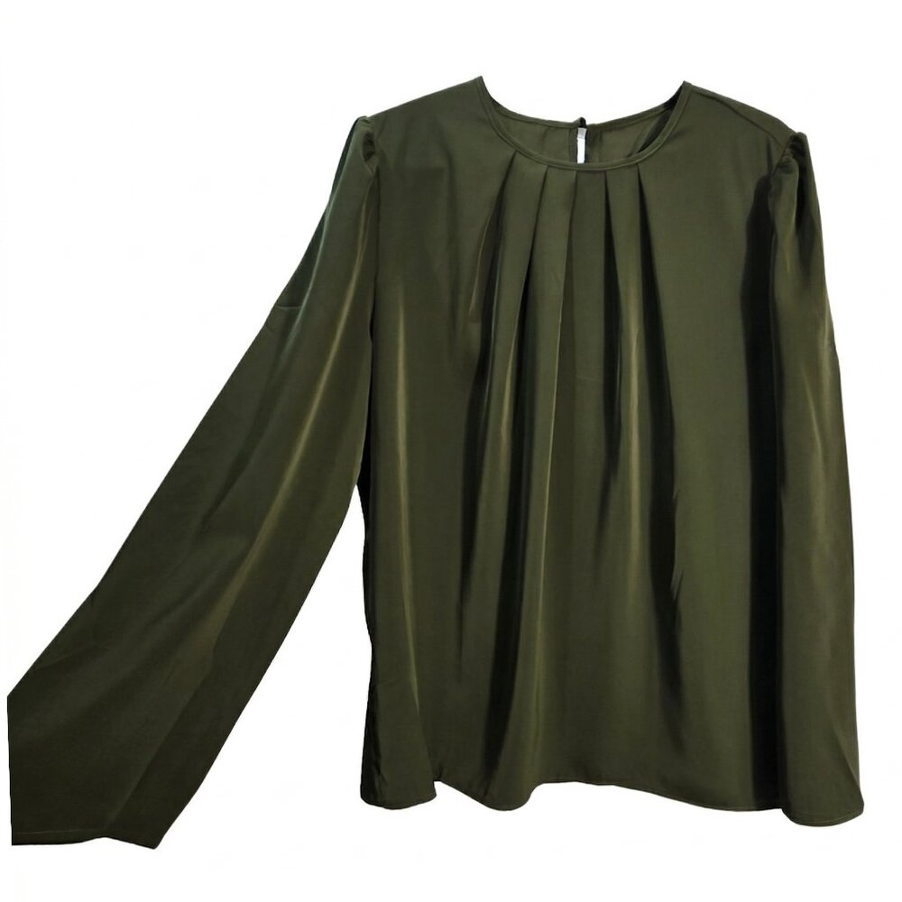 NWOT | Olive Green Pleated Round Neck Long Sleeve Business Casual Blouse | Large